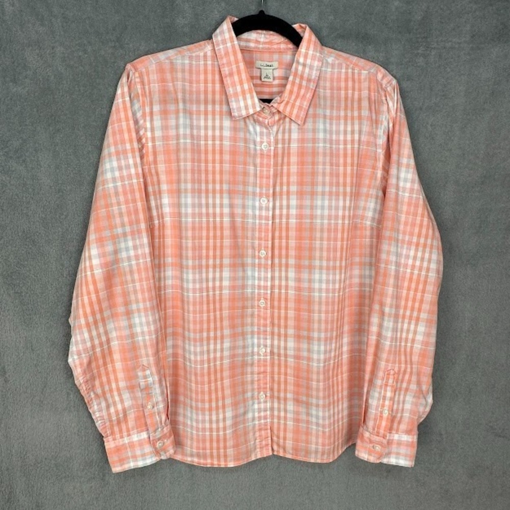 LL Bean Top Womens Large Orange Plaid Check Button Down Long Sleeve Preppy